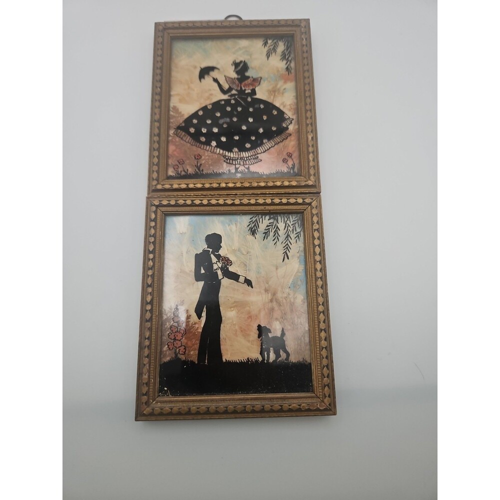 Pair of Vintage Glass Milkweed/ Wildflower Framed Silhouettes- Children Playing